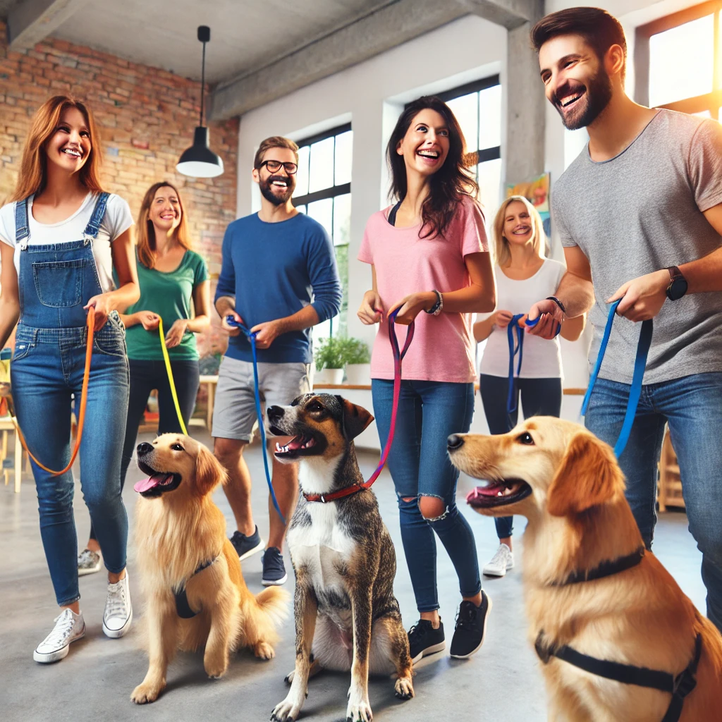 DALL·E 2025-01-09 16.42.53 - A group of smiling people in a spacious and colorful room, each holding a leash attached to their dog. A professional dog trainer is demonstrating a c