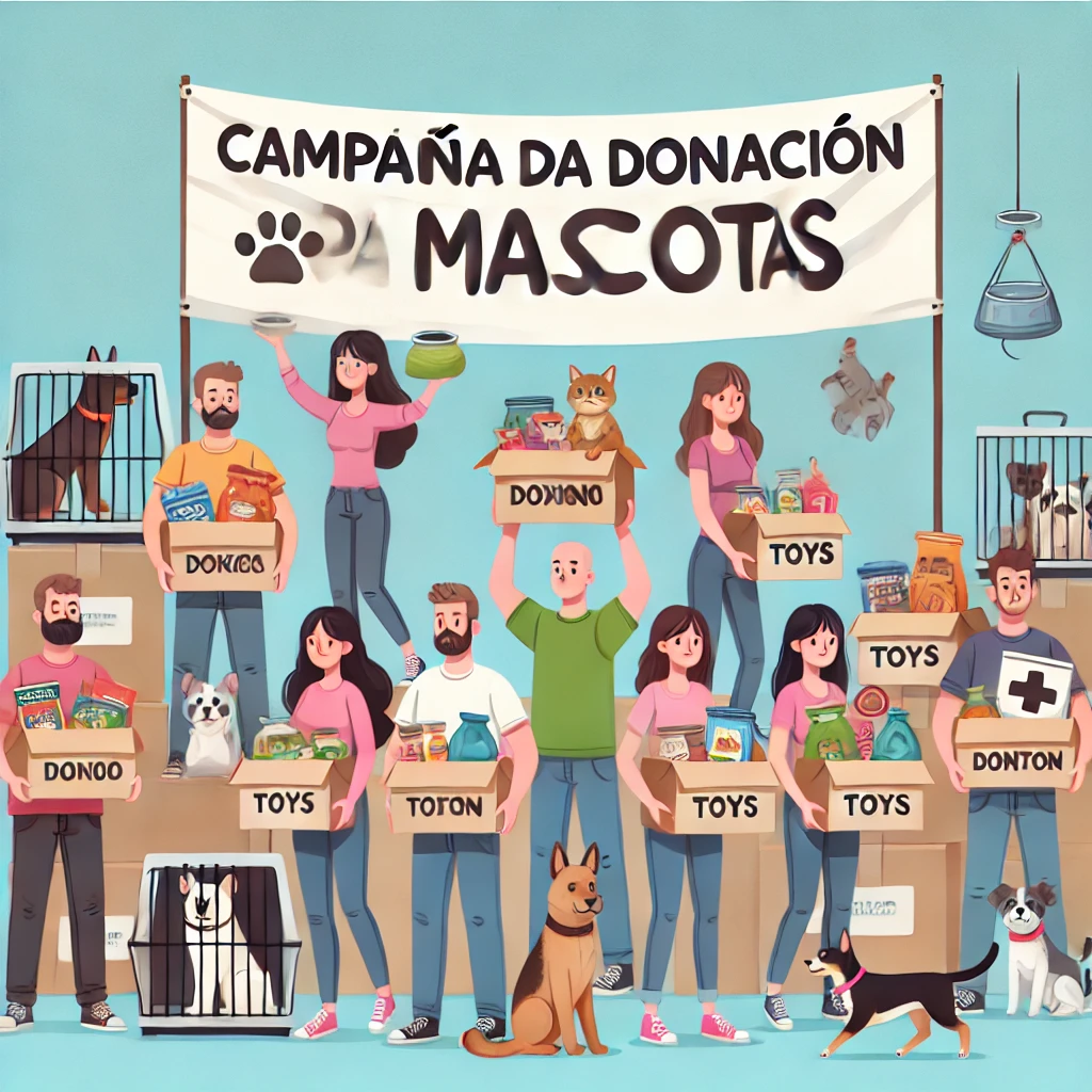 DALL·E 2025-01-09 16.43.26 - Several people holding boxes and bags filled with donations such as pet food, toys, and medicines. A large banner in the background reads 'Campaña de