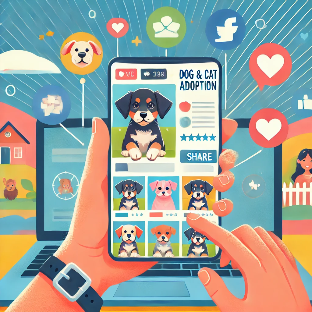 DALL·E 2025-01-09 16.43.50 - A person holding a smartphone or using a laptop, sharing posts about dog and cat adoption. On the screen, there are pictures of pets along with 'Like'