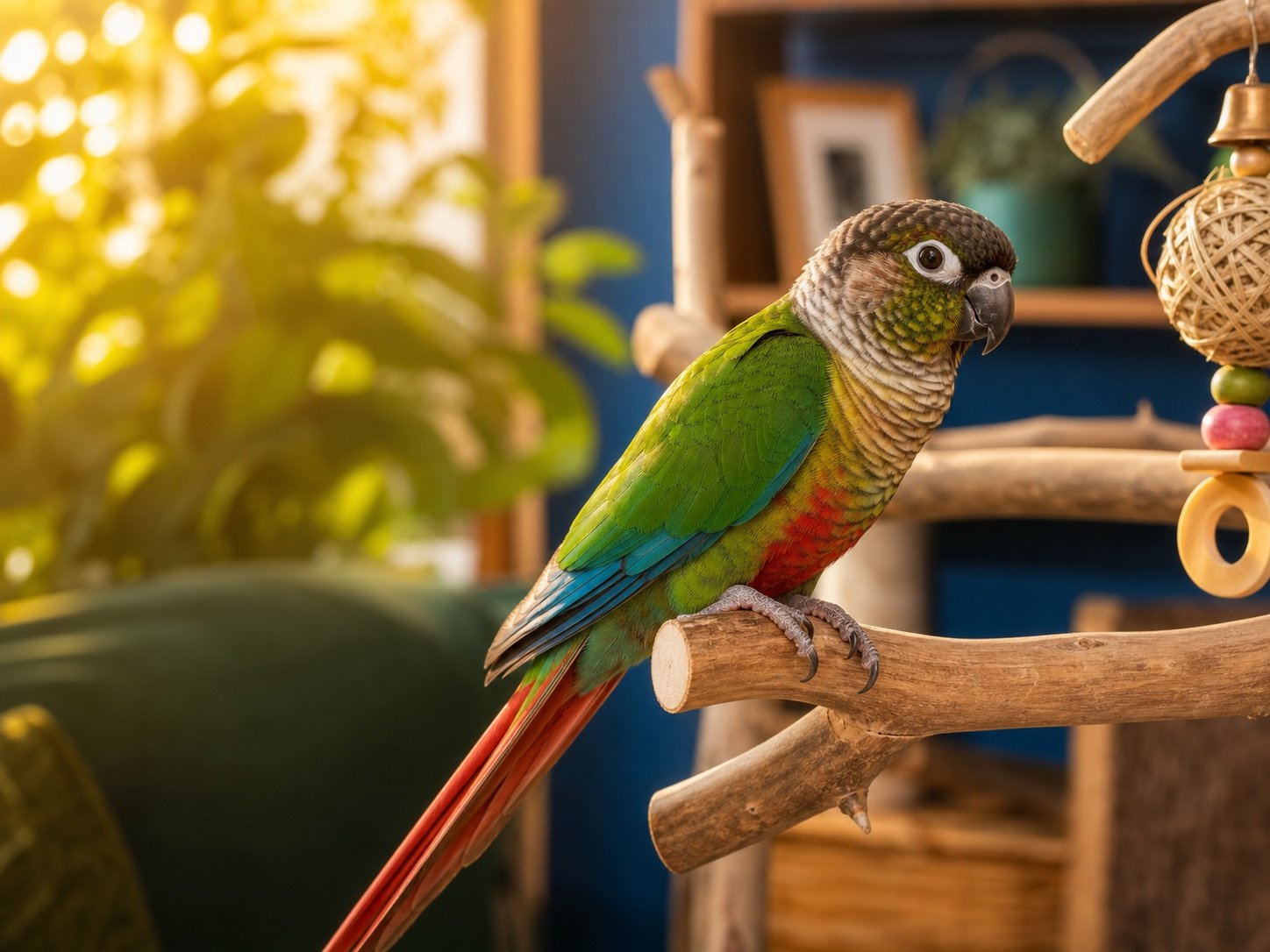 Loro doméstico sobre una percha de madera