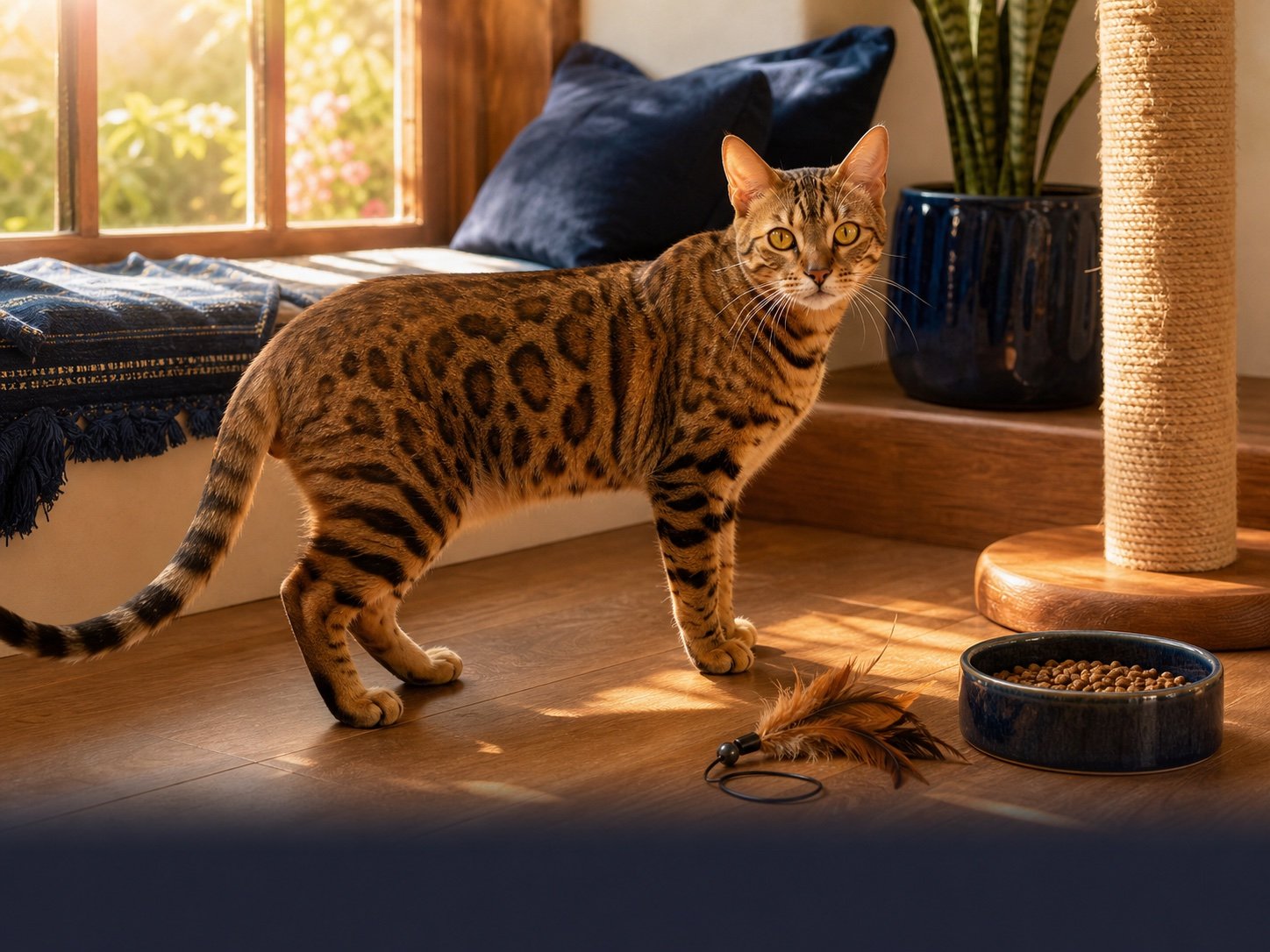 Gato Bengal en un hogar iluminado por el atardecer